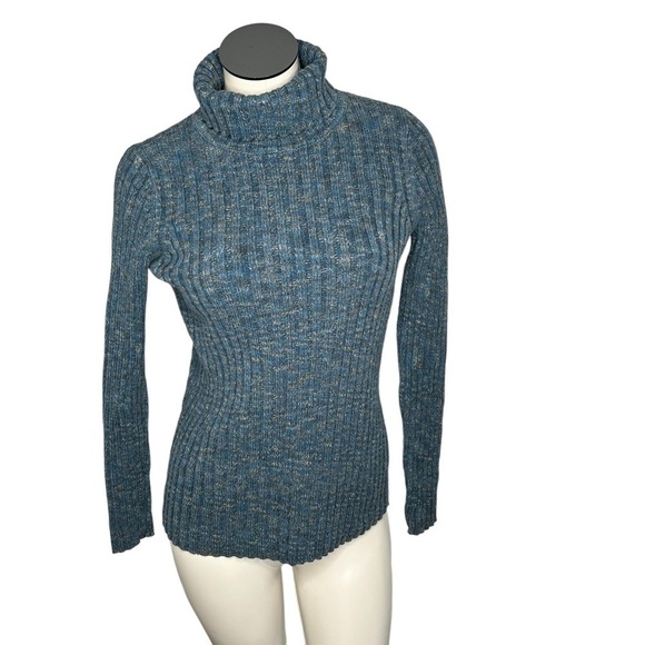 JONES NEW YORK SPORT 90's Ribbed Turtleneck Sweater Blue Tan Women's Size S - Picture 1 of 11